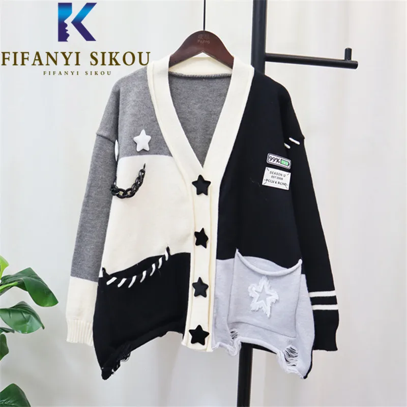 

Cardigan Women Patchwork Knitted Sweater Jacket Pocket V-Neck Fashion Spliced Sweaters Loose Knit Coat Female Streetwear