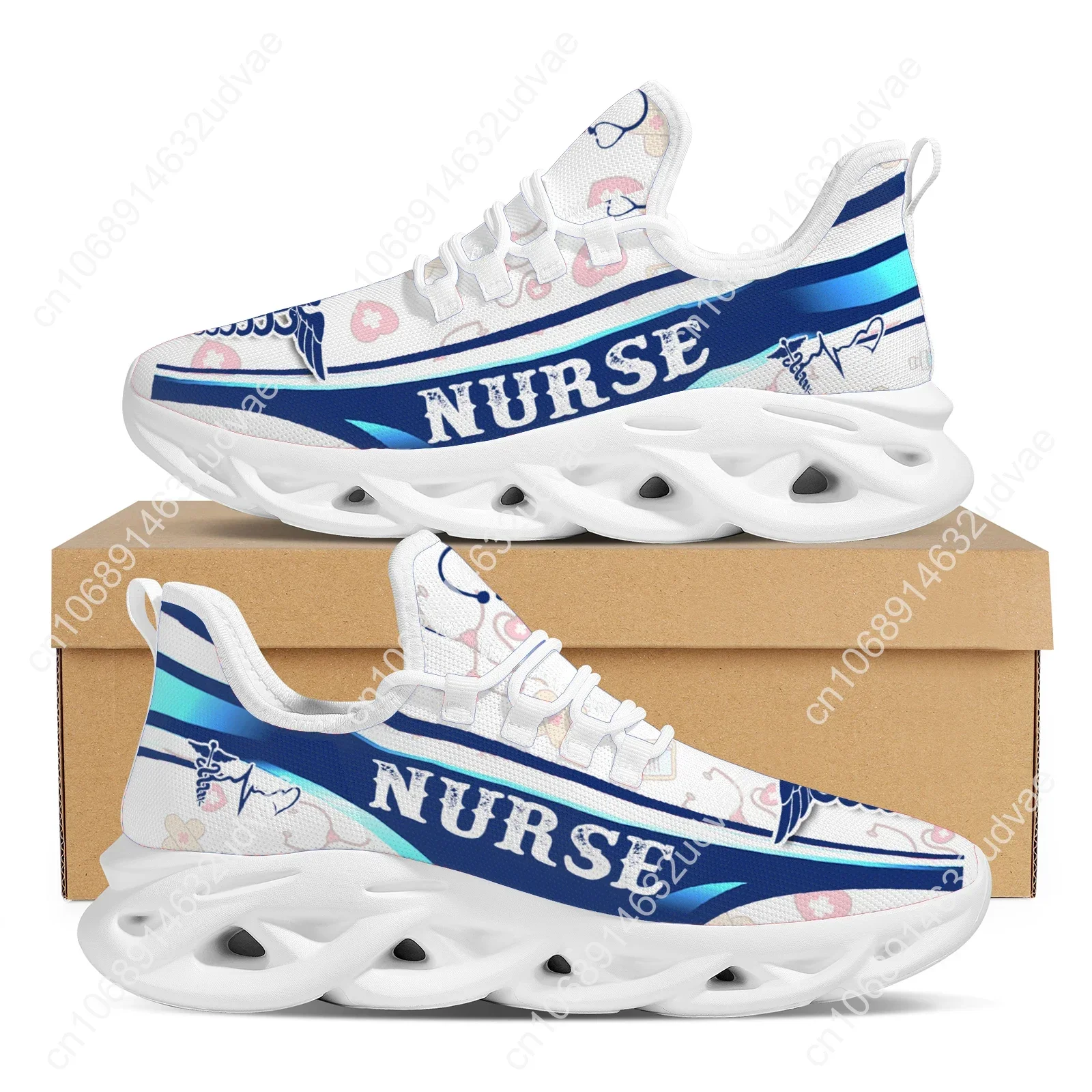 White Ladies Nurse Print Summer Knit Platform Shoes Lightweight And Breathable Lace-up Blade Sneakers Medical Shoes