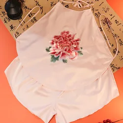 Ropa interior de estilo neochino para mujer, conjunto de 2 piezas, bordado Dudou y corto, rosa, Beige, peonía, flor, Stichwork, ropa tradicional de la suerte