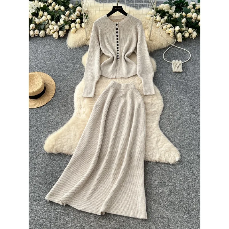 Elegant Two-piece Women's Autumn Winter High-end Waist Round Neck Single-breasted Knitted Tops High Waist Large Swing Skirts