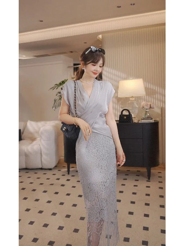 

Юбка Pinziko с высокой талией, кружевной отделкой и H-образным силуэтом, весенняя модная элегантная юбка в корейском стиле для повседневной носки, полиэстер, нейлон 50%