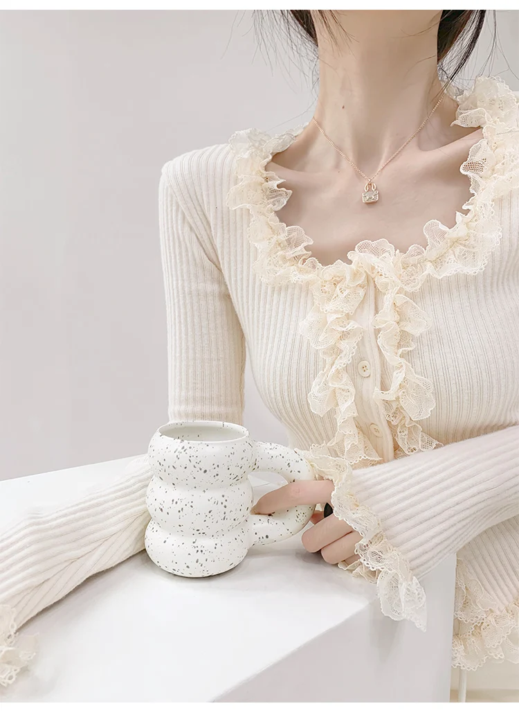 2026 Quadratischer Kragen Spitzenbesatz Langarm-Strickpullover Damen Retro Kurzer Stil Schlanke Oberteile Einreihige Strickjacke – Detail 9