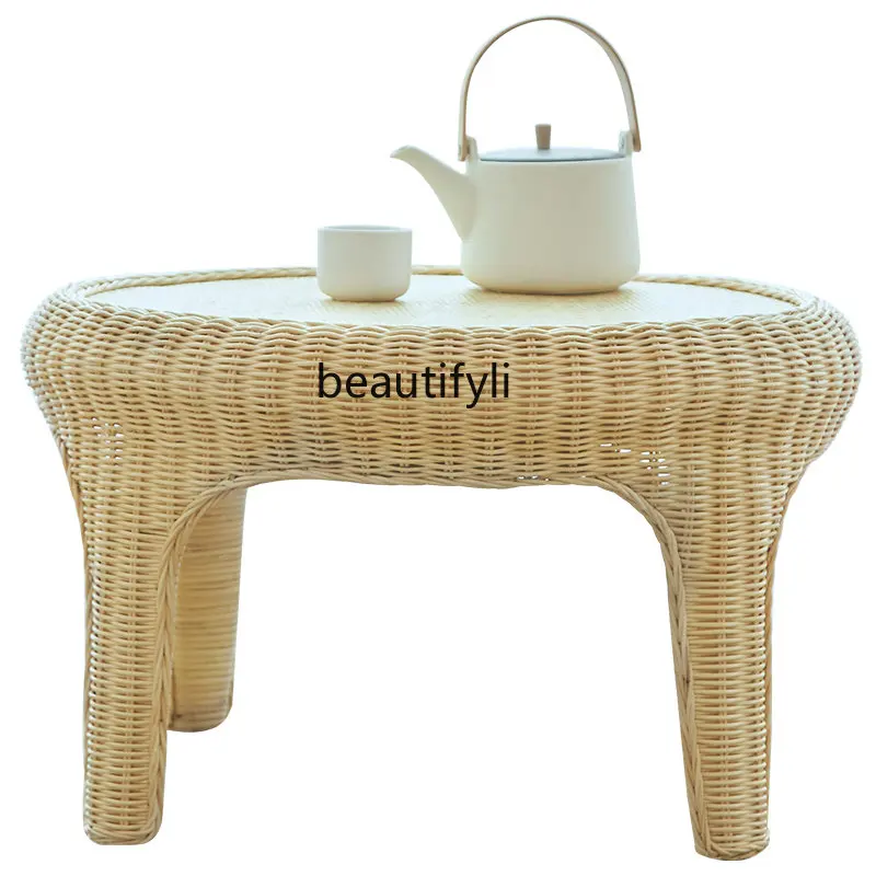 

zq Retro Rattan Tea Table Home Living Room Coffee Table Small Apartment Corner Table Side Table Tea Table