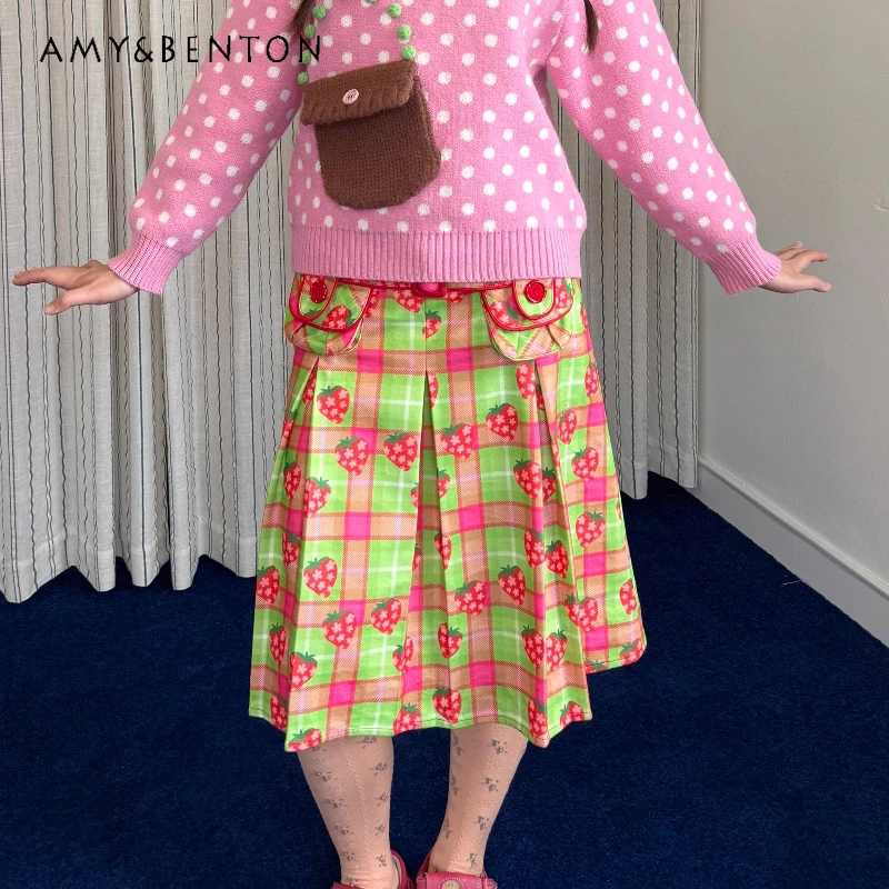 

Japanese Design Fruit Star Print Woolen Women's Skirt 2025 Autumn Winter New Sweet Cute Y2k Versatile Mid-Length Skirts Ladies
