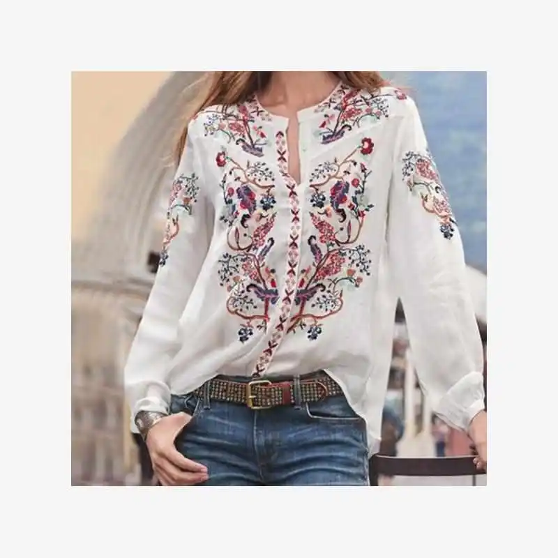 夏プリント長袖レディースシャツ綿ロパムヘール花柄プリントラウンドネックライン薄い生地快適なフィット感カジュアルシャツ