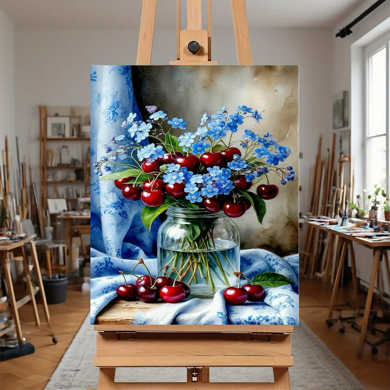 Professional Art Use: A Frameless DIY Digital Oil Painting Kit Featuring a Still Life Scene of Blue Flowers and Red Cherries