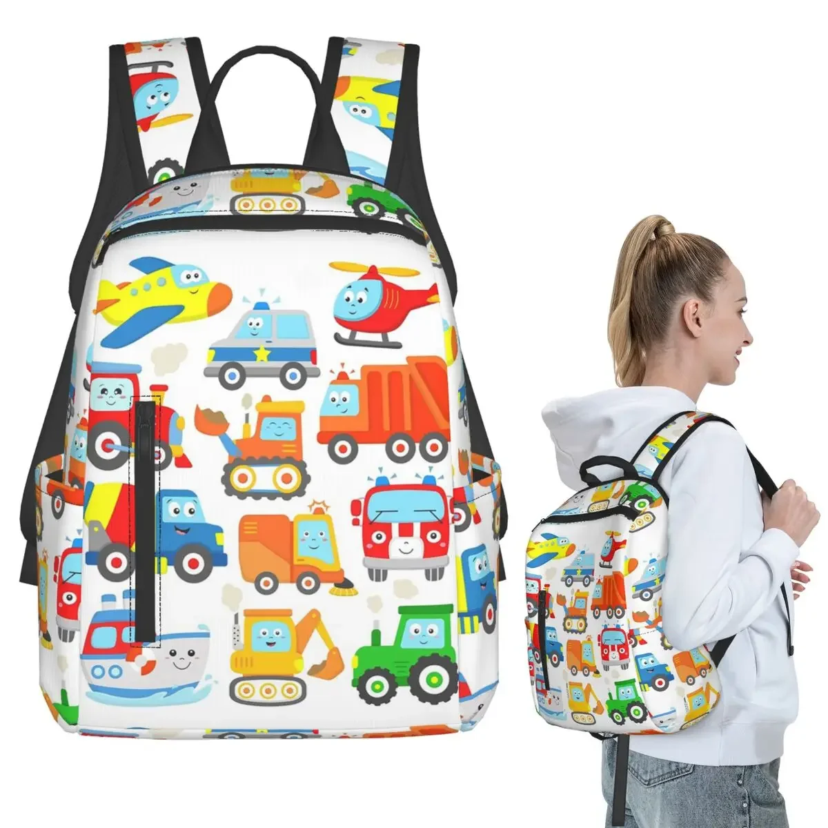 

Plane Helicopter Excavator Trashtruck Ship Train Police Firetruck Backpack Student Boys Girls BookBag Children Shoulder Bags
