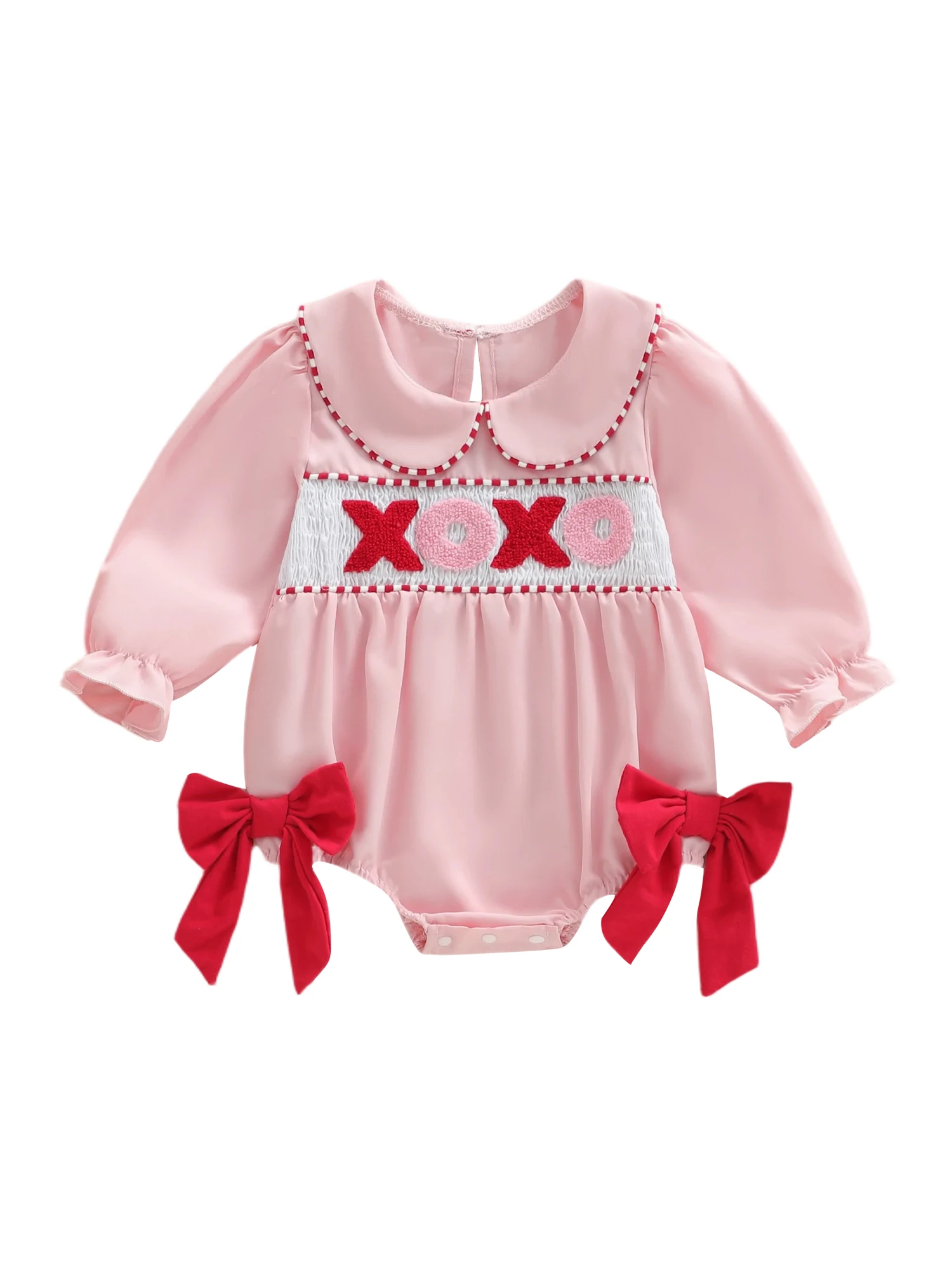 

Sweetheart Baby Girl Rompers with Ruffle Sleeves and Heart Embroidery Detail Adorable Bubble Jumpsuit for Valentine s Day