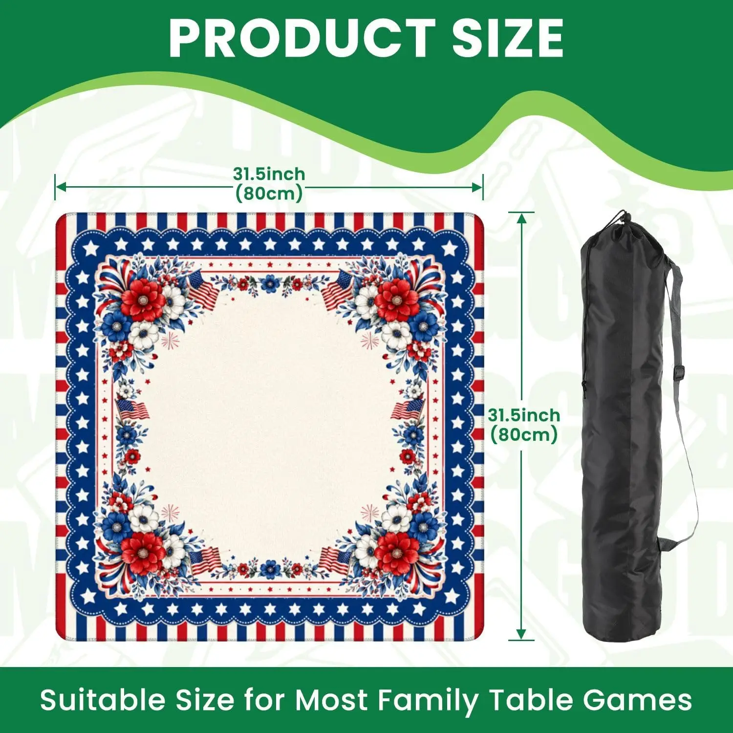 Patriotic Red White Blue Star American Flag Floral Table Cloth 31.5 X 31.5 Inch Non Slip Noise Reduction for Tile Games Gifts