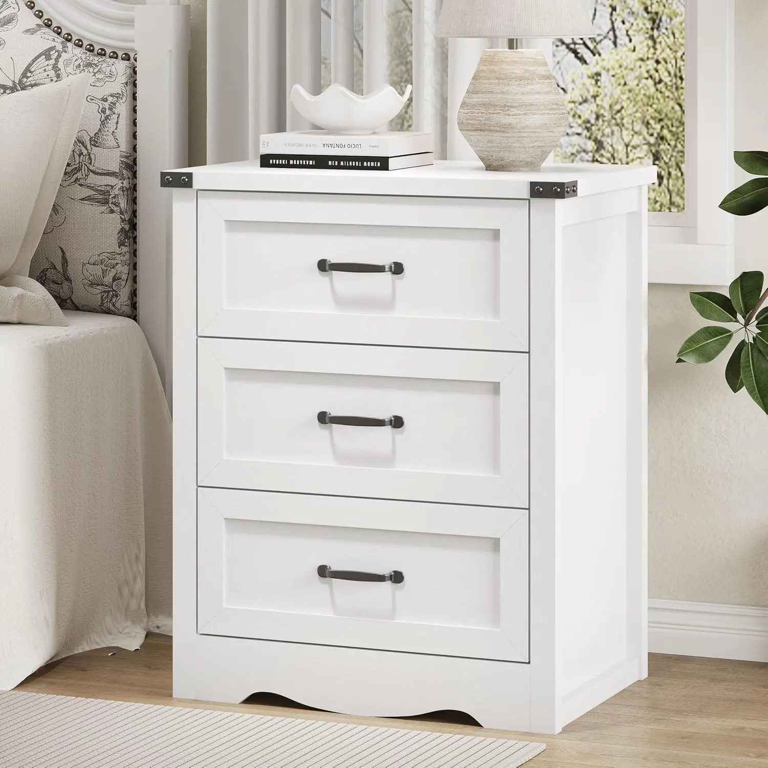Nightstand with 3 Drawers, 24" Wide Farmhouse Bedside End Tables, Rustic Wood Side Table Night Stand with Mental, Customized