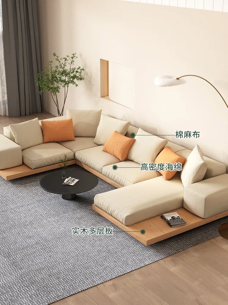 Japanese-style wabi-sabi wind fabric sofa log cream wind small apartment living room Nordic solid wood ash wood sofa