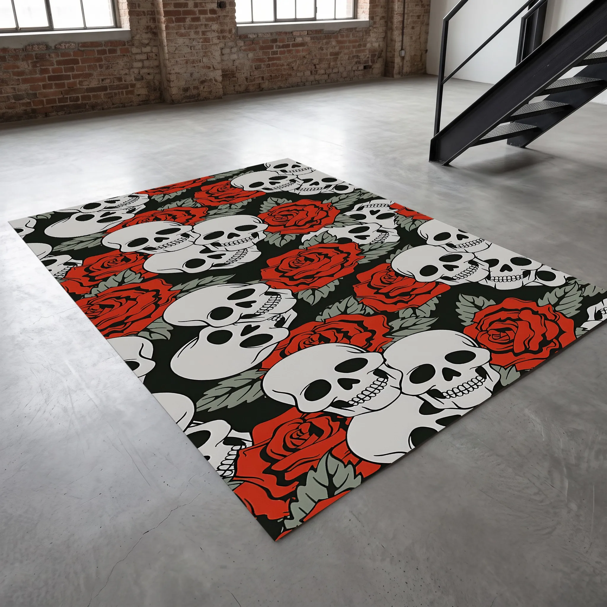 Velvet Rug Dark Trendy Skull Red Rose Print for Entryway Living Room Halloween Party Decor