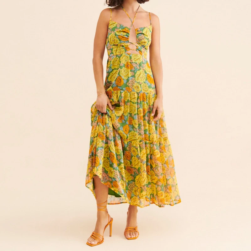 Maemukilabe 花柄カットアウトマキシドレスボヘミアンフロントタイアップ流れるドレス女性のための夏の背中の開いた A ラインドレス休暇
