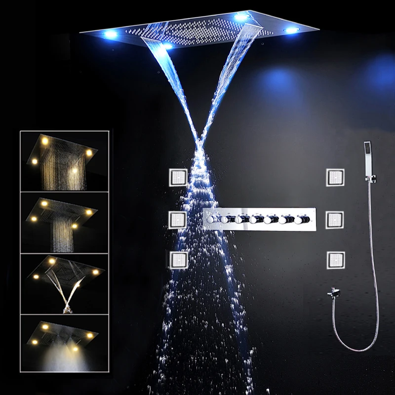 hm Luxury Ceiling LED Shower System Set Waterfall Rainfall Shower Head 600x800MM Bathroom Thermostatic Mixer Massage Body Jets