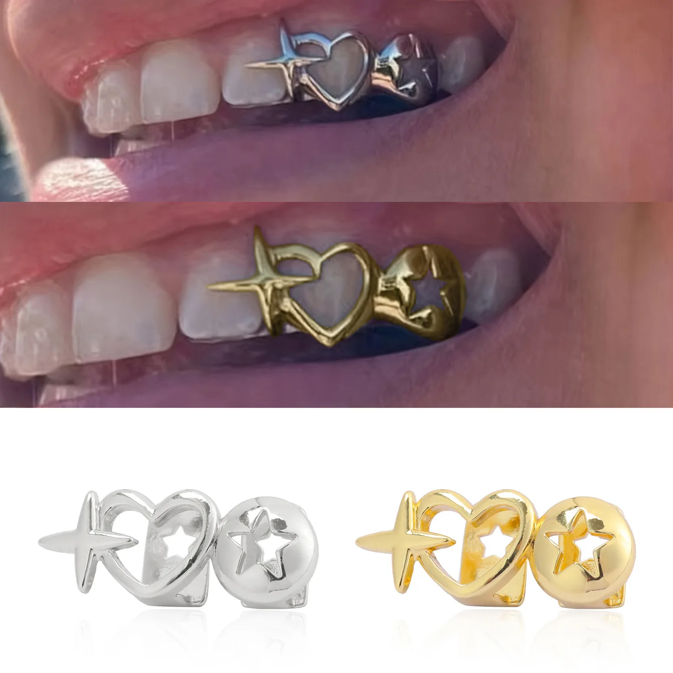 Punk Hip Hop Hollow Heart Teeth Caps for Women Men Vintage Silver Color Double Love Star Tooth Grills Couple Jewelry Accessories