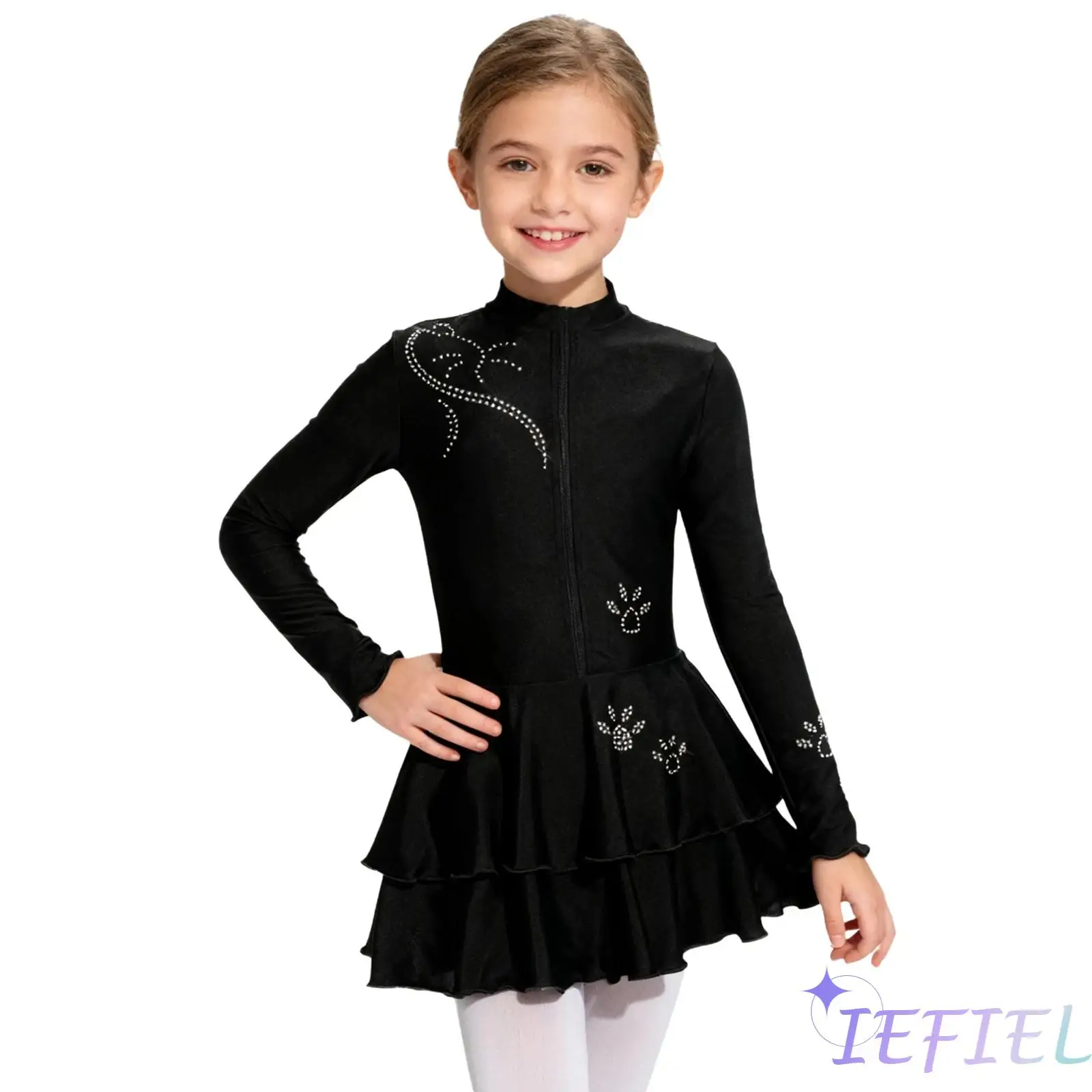 

Kids Girls Figure Skating Dance Leotard Dress Mock Neck Long Sleeve Front Zip Tiered Ruffled Hem Dresses Lyrical Ballet Dress