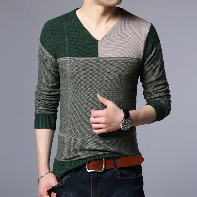 Fashion V-Neck Long Sleeve Knitted Spliced Color Sweater Men\'s Clothing 2022 Autumn New All-match Casual Pullovers Korean Tops