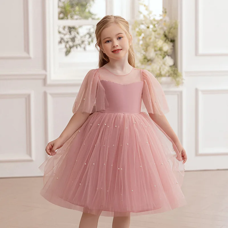 Abito elegante per ragazze Abito da principessa in tulle con fiocco grande e perle per bambini Abito da spettacolo per prima comunione, festa di compleanno, matrimonio