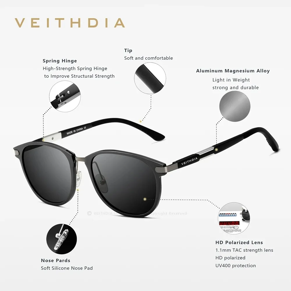 VEITHDIA موضة إطار دائري النظارات الشمسية للرجال النساء في الهواء الطلق نظارات الاستقطاب UV400 ريترو عطلة نظارات الشاطئ FA06680