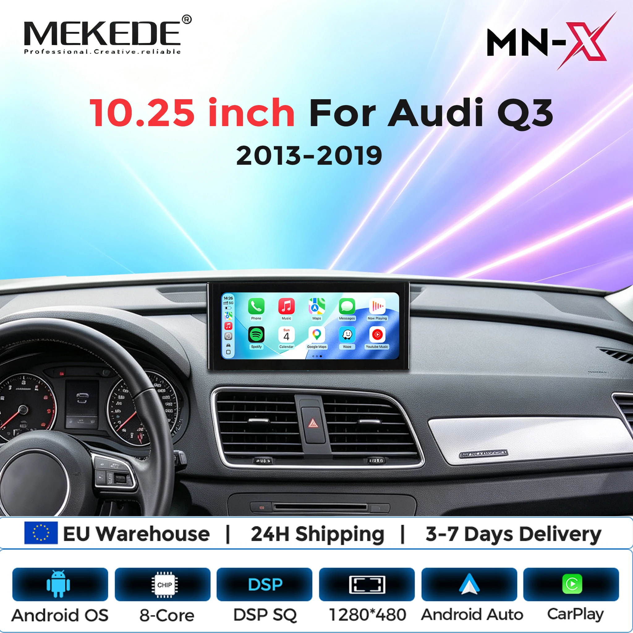 MEKEDE MN-X Kabelloses CarPlay Android Auto GPS-Navigationsgerät für Audi Q3 2013-2019, 8-Kern-Touchscreen, eingebauter DSP, Audio-Split-Screen, 4G LTE, WiFi-Unterstützung, Lenkradsteuerung,