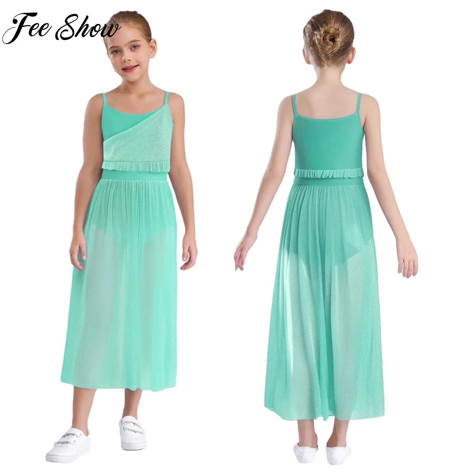 

Kids Girls Glittery Mesh Lyrical Dance Dress Sleeveless Ballet Gymnastics Leotard Dress Contemporary Prom Party Costume Clothing