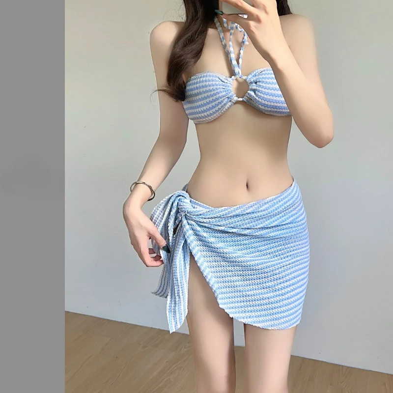 Seksowne bikini w paski w stylu kpop, zestaw 4-częściowy, stroje kąpielowe typu halter z spódniczką i szalem, stroje plażowe, słodkie biquini tankini