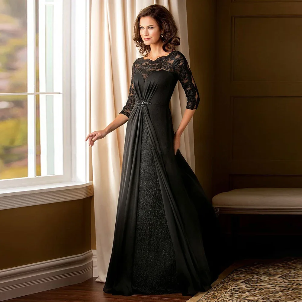 

Customized Black Mother Of The Bride Dresses Lace O-Neck A-Line Sweep Train Chiffon Prom Gown Simple 3/4 Sleeve Long Wedding Par