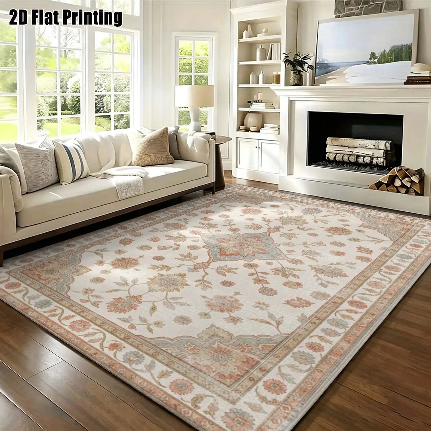 1Pc 2D Printed Beige Floral Retro Pattern Carpet: European/Bohemian Style, Machine Washable, Multi-Size, Ideal for Home Decor, Entryway, Living Room, Bedroom, Dining Room, Foyer