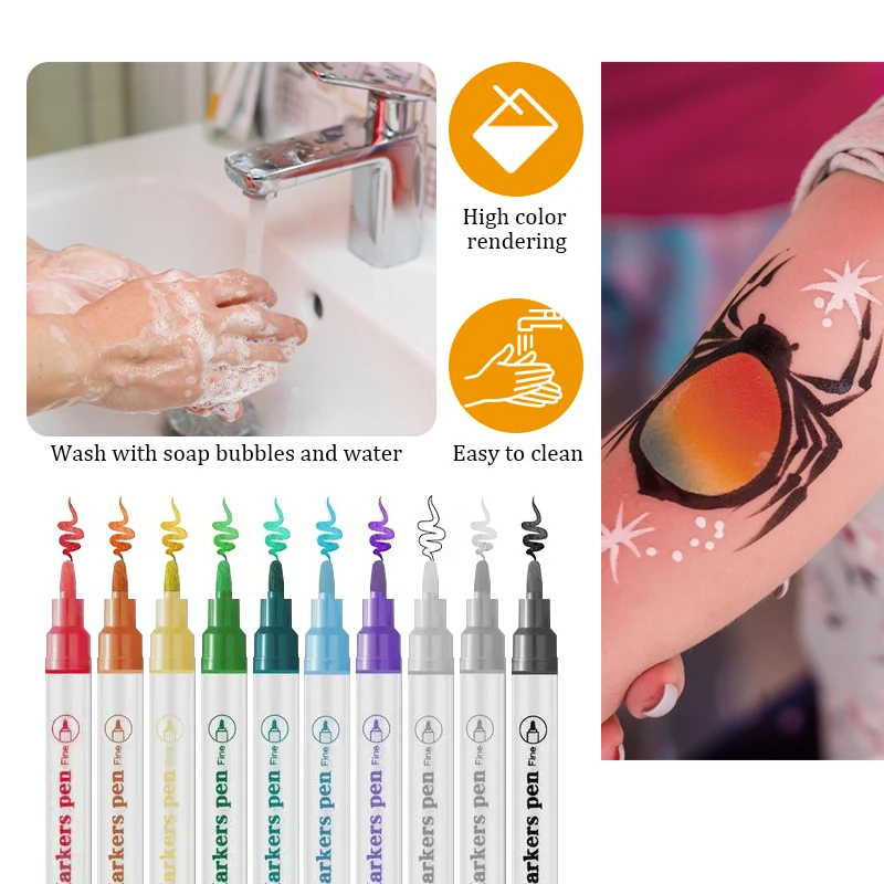 Temporary Light Beige Tattoo Pen Kit, Featuring 10 Colors Marker Pens And 4 Sheets Templates,for DIY Create Body And Face Makeup