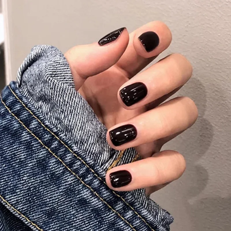 

New round head solid color wearing nail 24 pieces nail patch finished product wholesale, best-selling black manicure nail piece