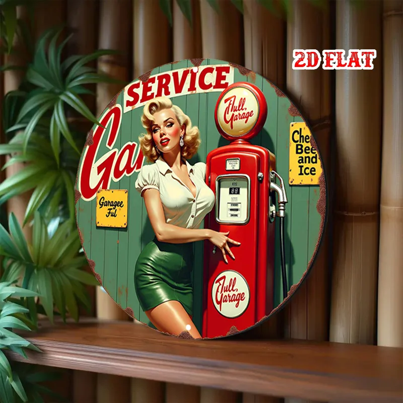 1pc Vintage Pin-Up Girl Gas Pump Metal Sign - Retro Service Station Garage Decor with, Teal & Red Color Scheme