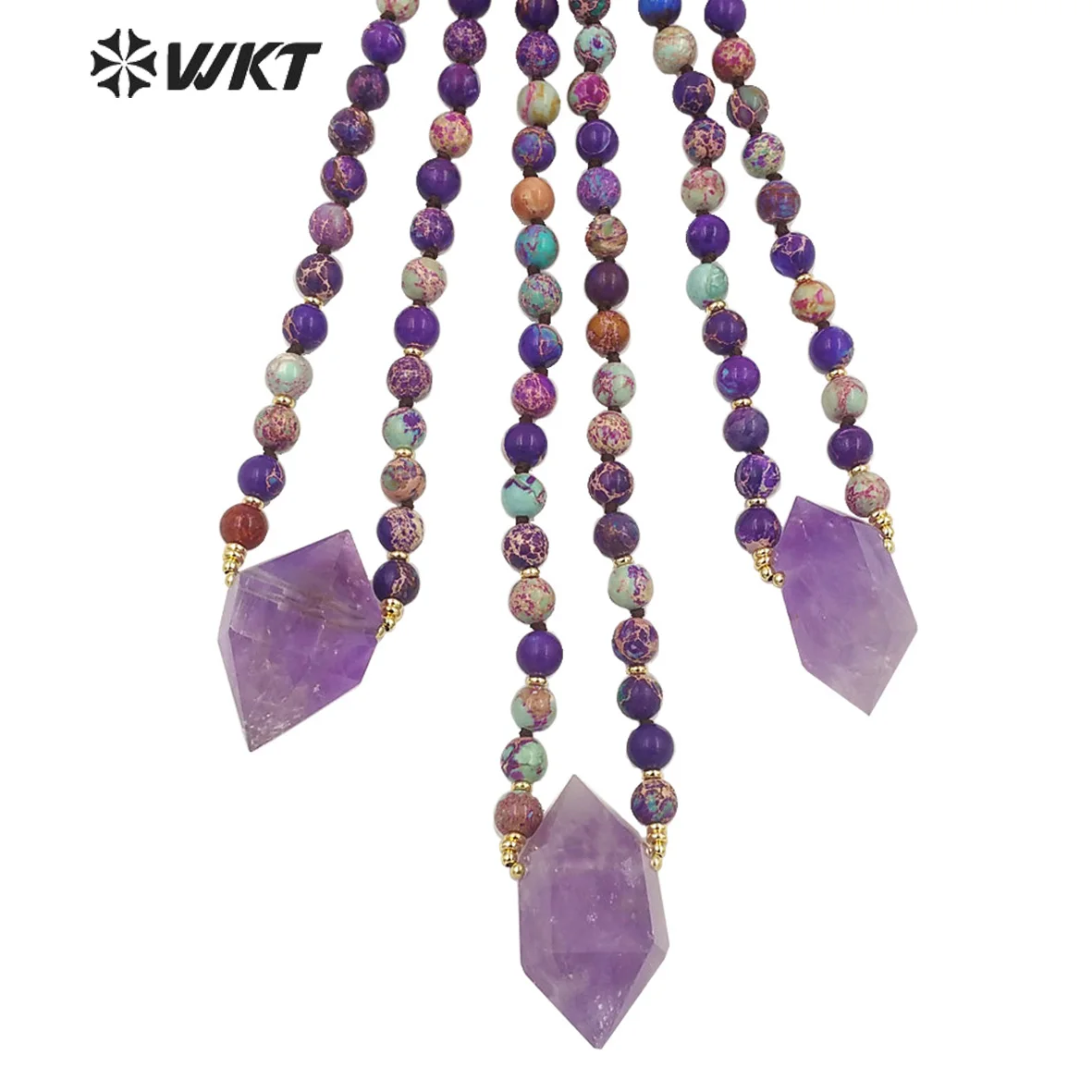 WT-N1374 Wholesale 30 inch long 8mm jasper beads knotted neckalce Natural handmade Amethyst stone point pendant necklace