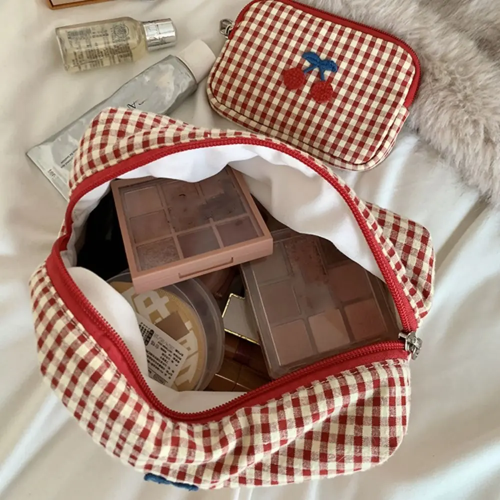 Simple Cotton Plaid Makeup Bag Multifunctional Purse Toiletry Organizer Bag Card Bag Cloth Cherry Cosmetic Bag Unisex