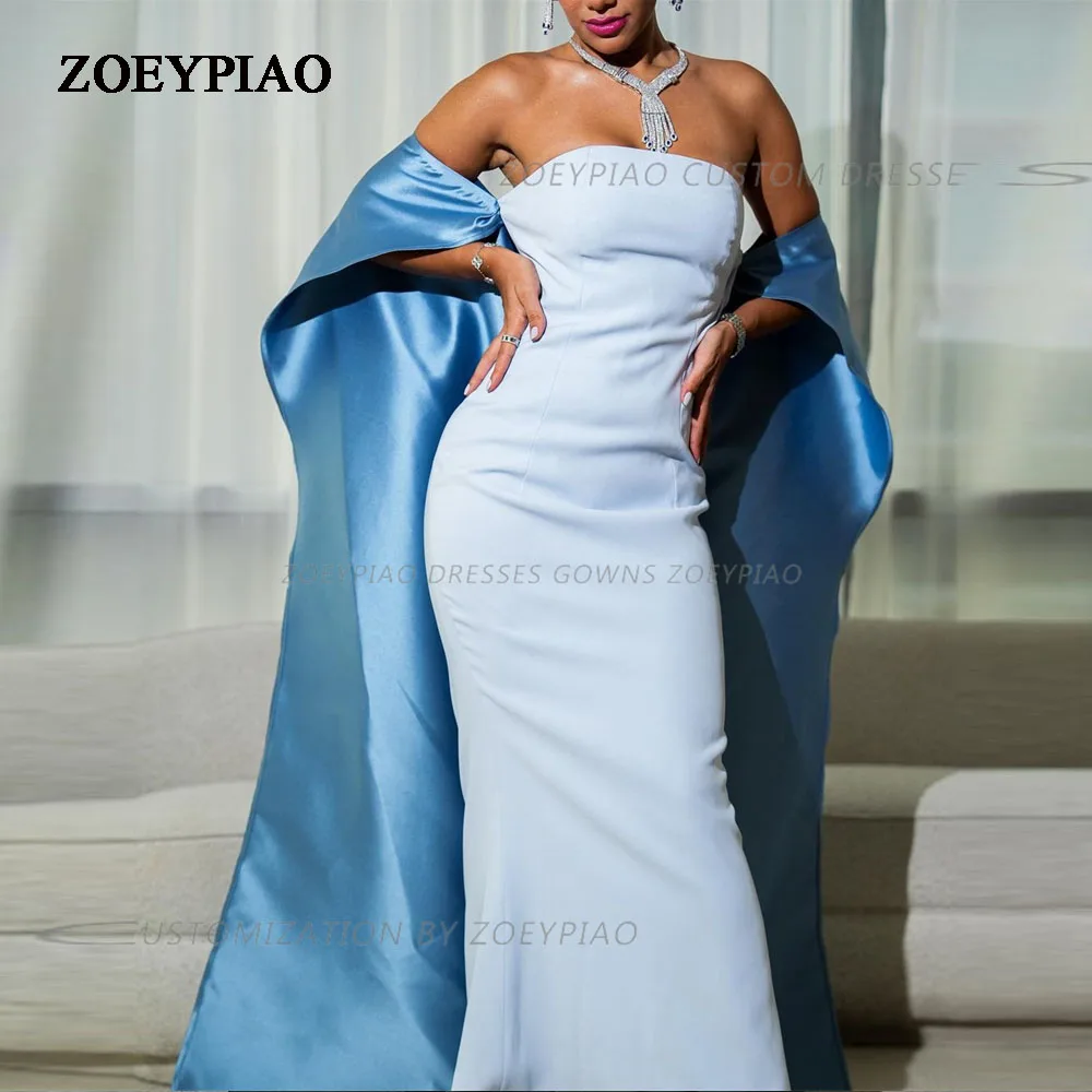 

Simple Light Blue Long Satin Evening Dresses 2024 Sheath Formal Party Gowns Strapless With Cape Sleeves Bridesmaid Prom Dress