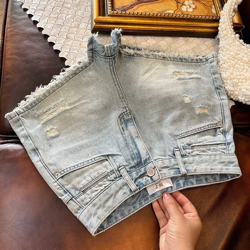 

High Quality Light Blue Wide Leg Jeans Shorts Women's Summer Casual Loose Slimming Frayed Versatile Hot Pants Cotton Fabric