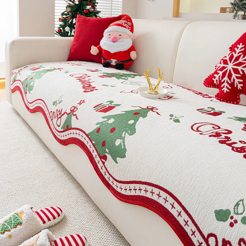 Chenille Christmas Sofa Seat Cushion Festival Vibe Decoration Anti Slip Sofa Cover Dustproof Pet Friendly Couch Slipcover