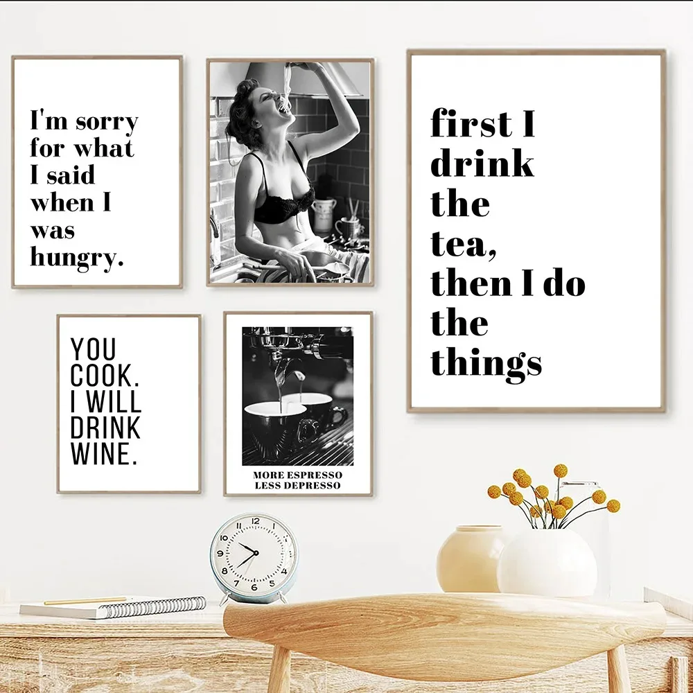 Pintura en lienzo minimalista First I Drink The Tea Quotes, arte de pared de café blanco negro, vino, póster impreso, imagen, cocina, decoración del hogar