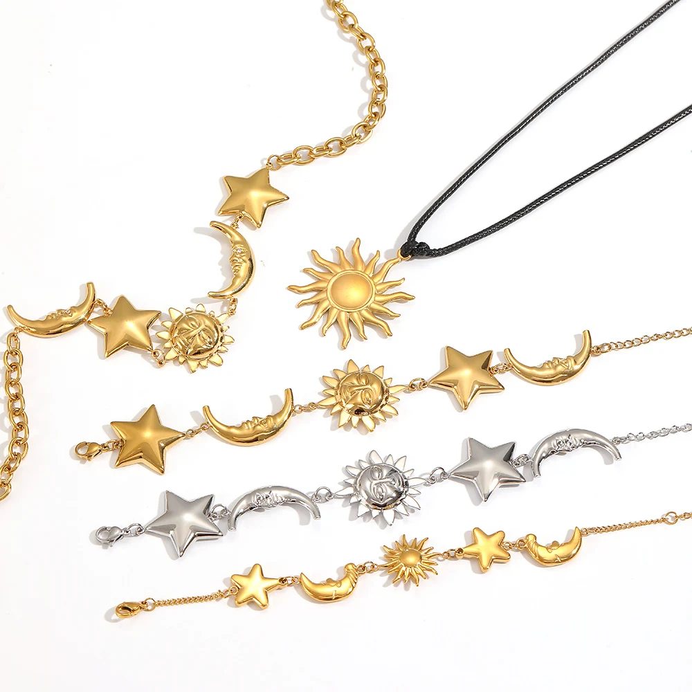 Elegantes, glattes Edelstahl-Stern-Mond-Armband, 18K vergoldet, stapelbares Sonnenarmband, Schmuckgeschenk für Frauen – Detail 4