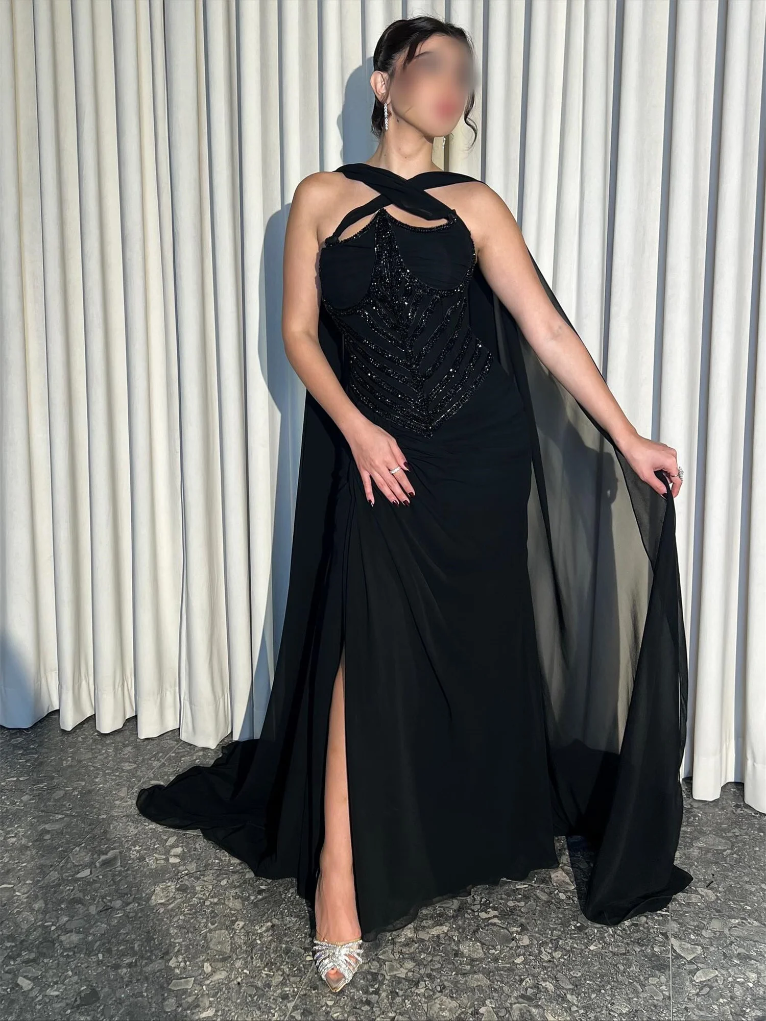 فستان سهرة نسائي أسود من Loretta فساتين لحضور الحفلات الموسيقية للمناسبات الخاصة مخصصة من الشيفون فيستدوس دي فيستا شال #2