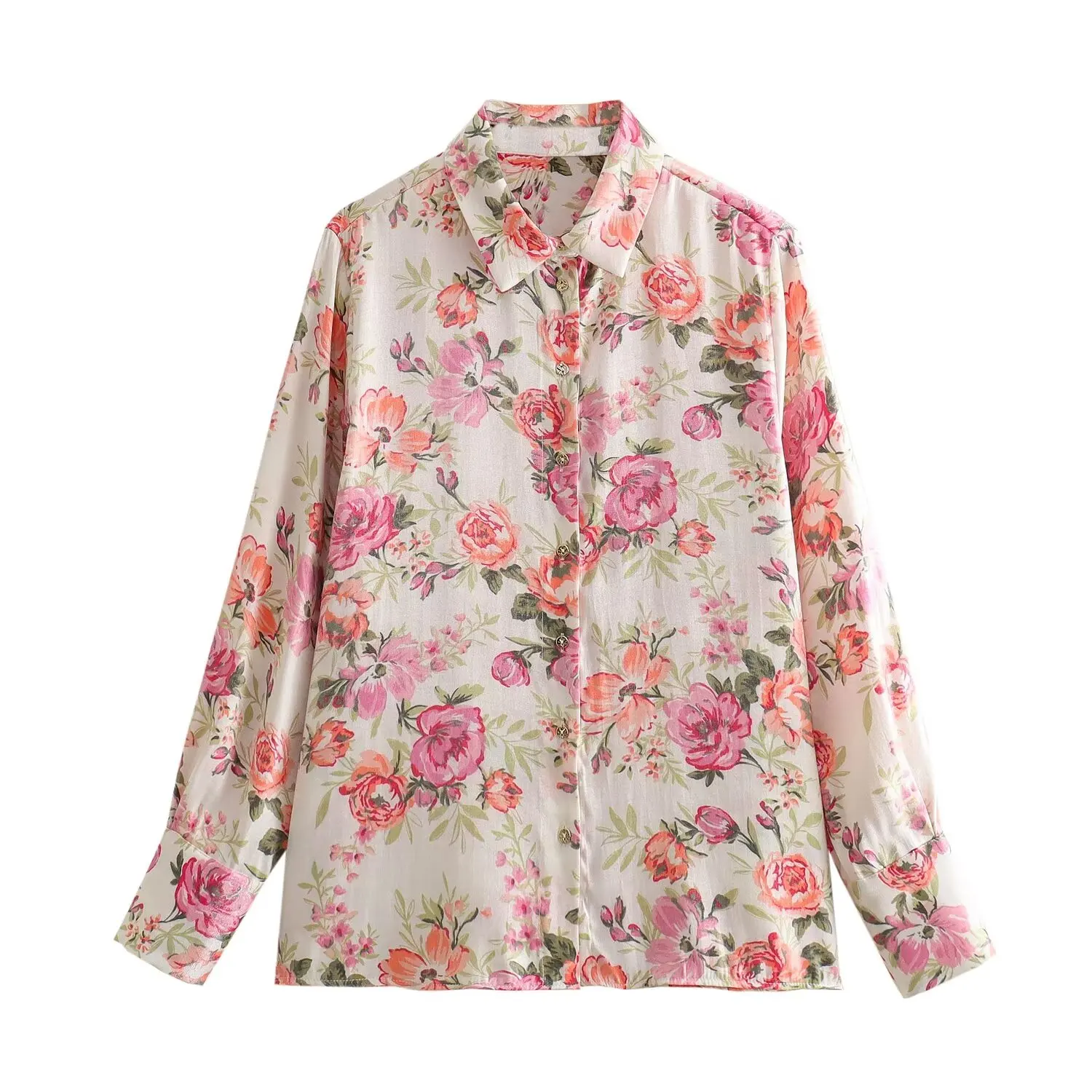 Taop & Za New Flower Shirt da donna popeline Texture Satin Printed Casual Top a maniche lunghe