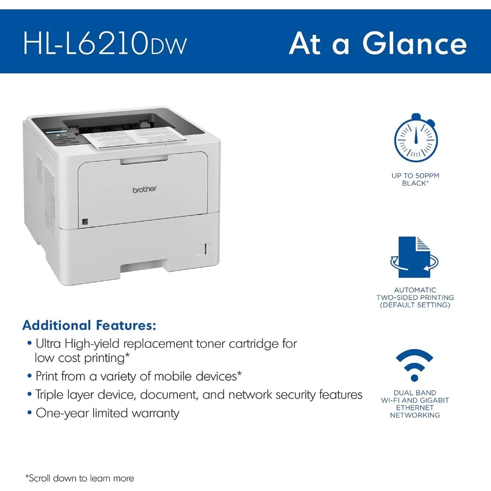 Business Monochrome Laser Printer with Large Paper Capacity, Wireless and Gigabit Ethernet Networking, Low-cost Printing