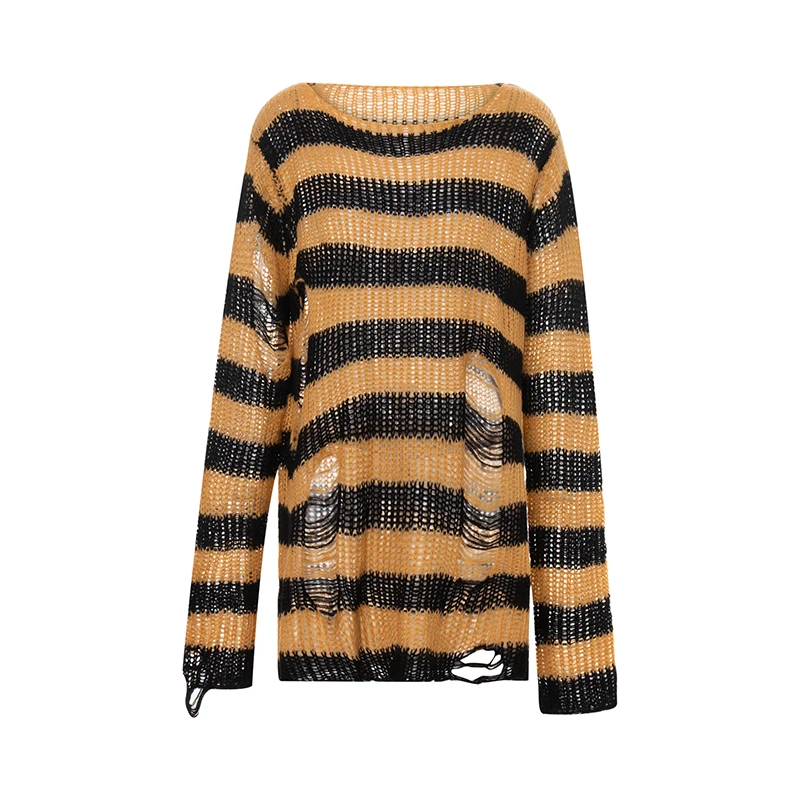 Women Goth Punk Sweaters Ripped Hollow Out Pullover Shirt Oversized Striped Knit Casual Clubwear Fall Winter Tops