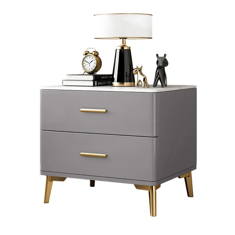 Modern Italian Lacquered Rock Slab Nightstand with Smart Speaker Solid Wood Side Table for Bedroom Light Luxury Storage