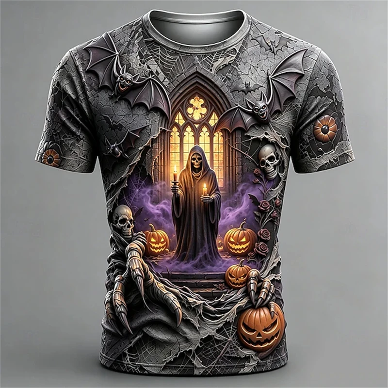 New Men's Halloween Crew-Neck Short-Sleeve T-Shirt Spooky Wizard Skull Print Loose Breathable Festive Party-Themed Top