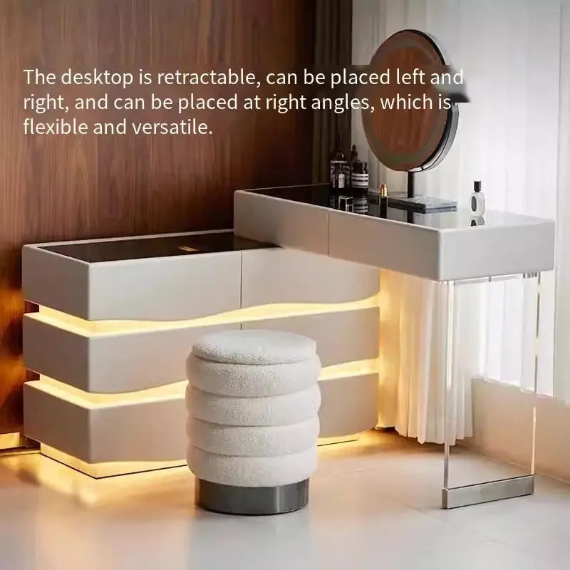 Mueble de tocador grande con luces, estilo nórdico de lujo, cajones blancos, espejo de maquillaje para niña, silla, juego de muebles para el hogar, penteadeira