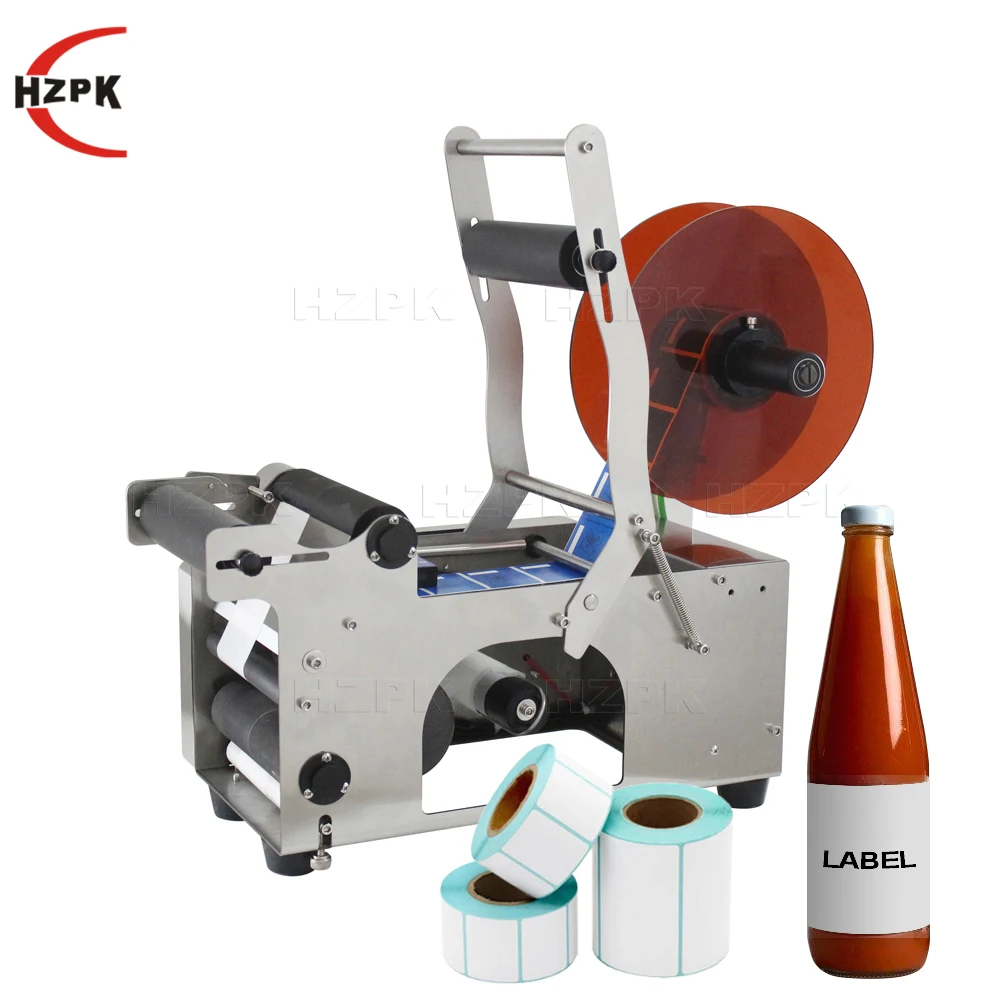 HZPK MT 50 Semi Automatic Electronic Round Bottle Food Wine Plastic Aluminum Jar Cosmetic Glass Label Sticker Labeling Machine