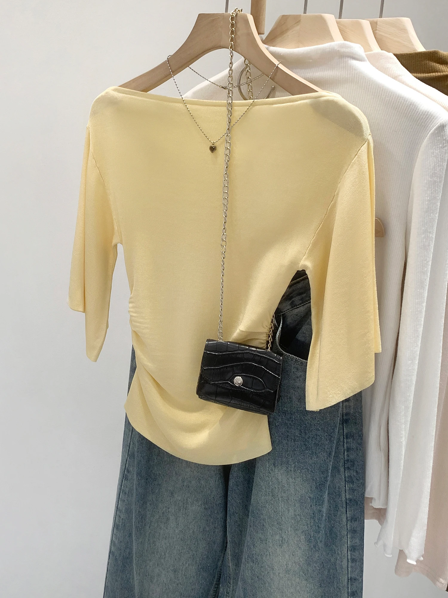 Unique Beautiful Slim Fit Batwing Sleeve Knitted T Shirt Women's Summer New Style Anti Aging Top Comfortable Soft Korean Style