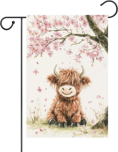 Spring Summer Garden Flag Double Sided, Burlap Small Highland Cow, 12x18 XXQ