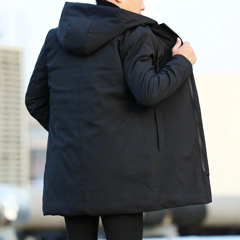 Winter Men Jacket New Simple Solid Color Hooded Male Coat Thicken Warm Windproof Mid Length Long Sleeve Zipper Man Outerwear