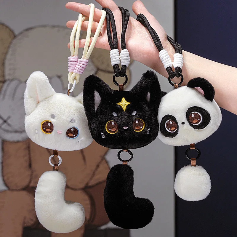 Cute Long Tail Cat Pendant Lazy Style Three Flower Cat Little Panda Bag Pendant Healing Doll Keychain